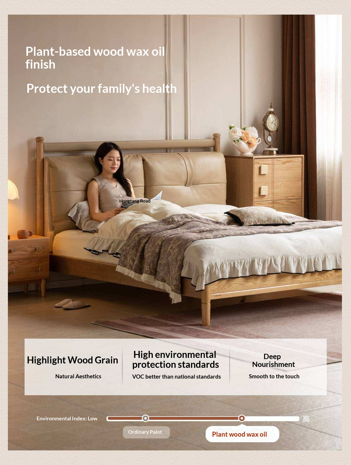 Ash Solid Wood Bed with Plush Genuine Leather Cushioned Headboard