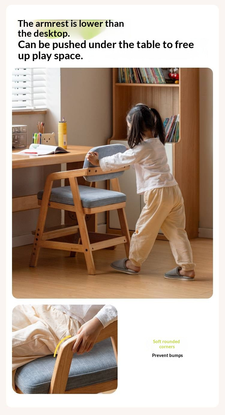 Solid Rubberwood Nordic Style Kids Chair with Adjustable Armrest