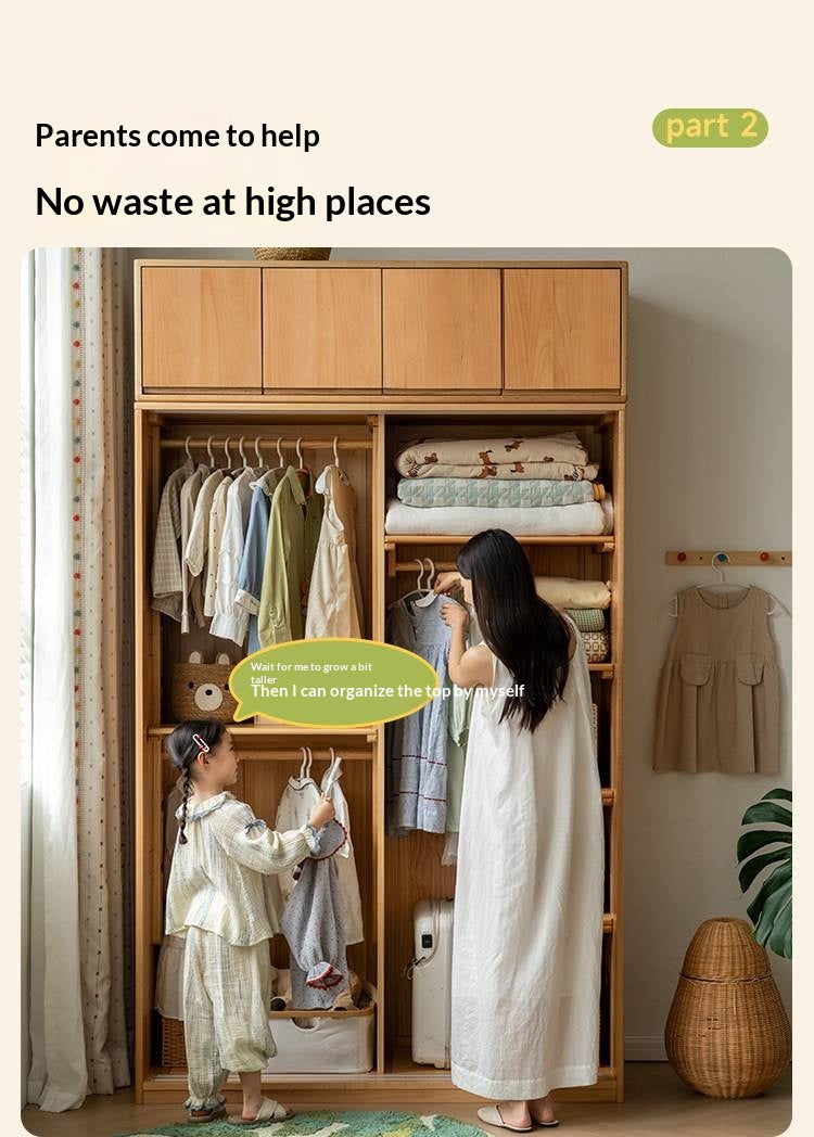 Beech Solid Wood Kids Sliding Door Wardrobe with Adjustable Shelves