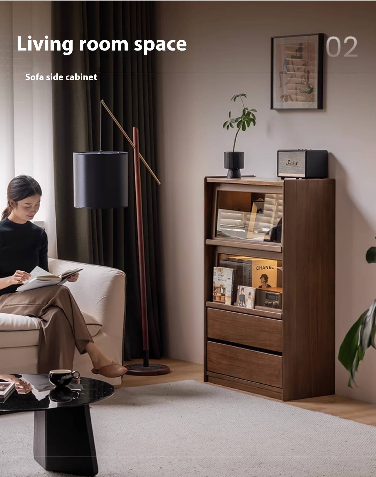 Black Walnut, Solid Longan Hardwood, Ash Solid Wood Modern Style Side Cabinet.