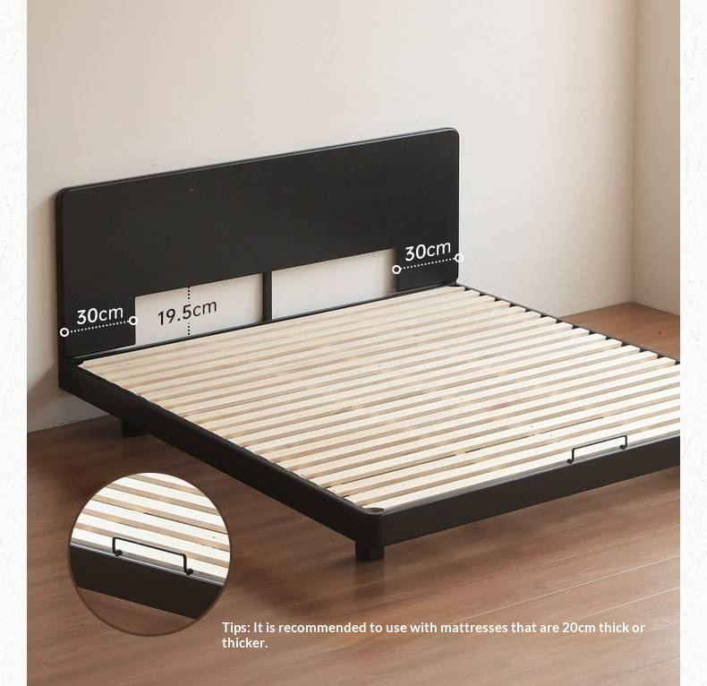 Rubberwood Solid Wood Bed — Modern Minimalist Large Slab Black Floating Bed
