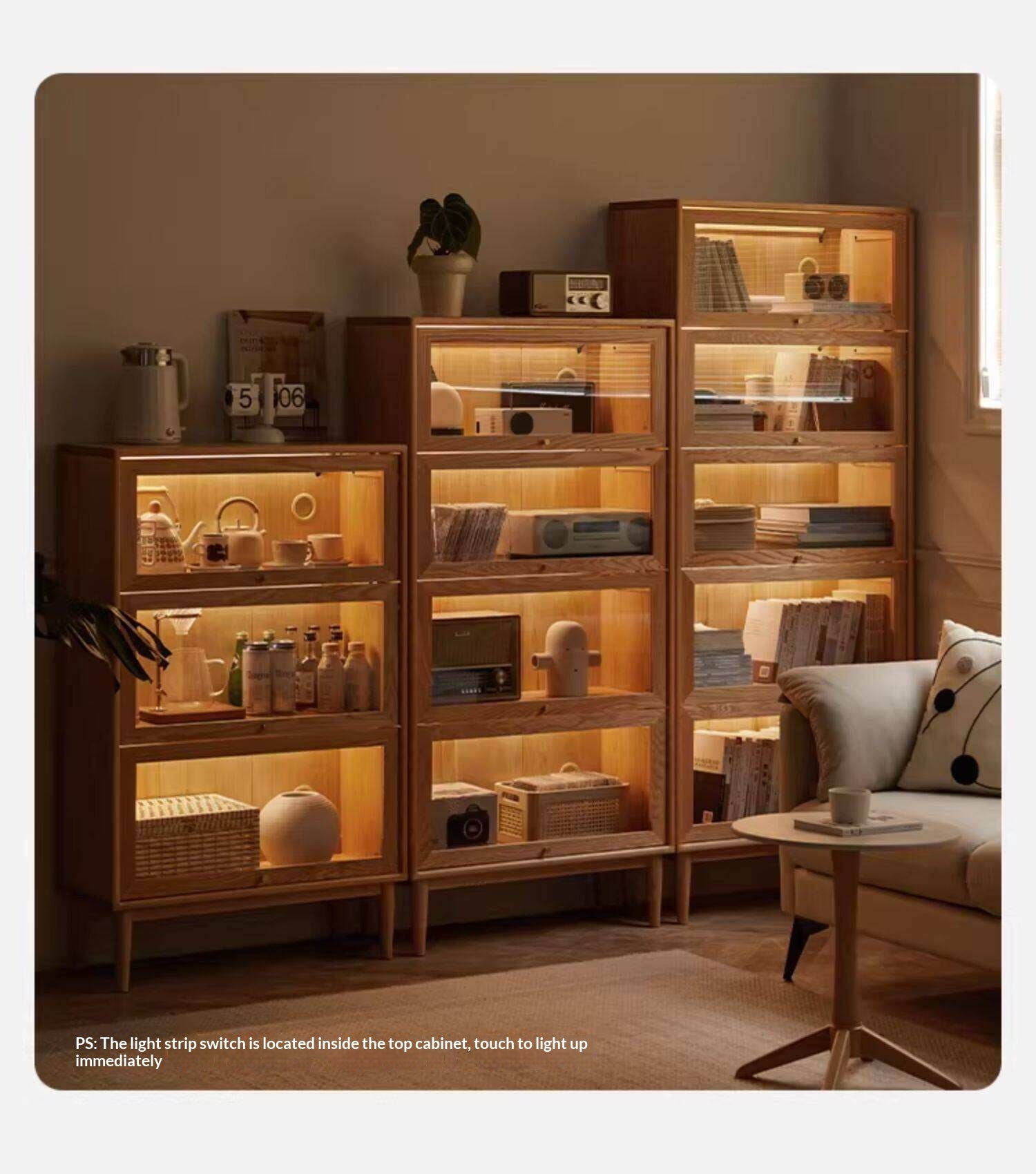Solid Rubberwood, Oak Solid Wood Multi layer Flip Door Glass Bookcase