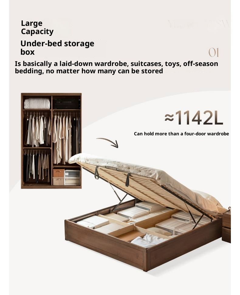 Black Walnut Solid Wood Italian Light Luxury Platform Bed, Headboard-Free Box Bed