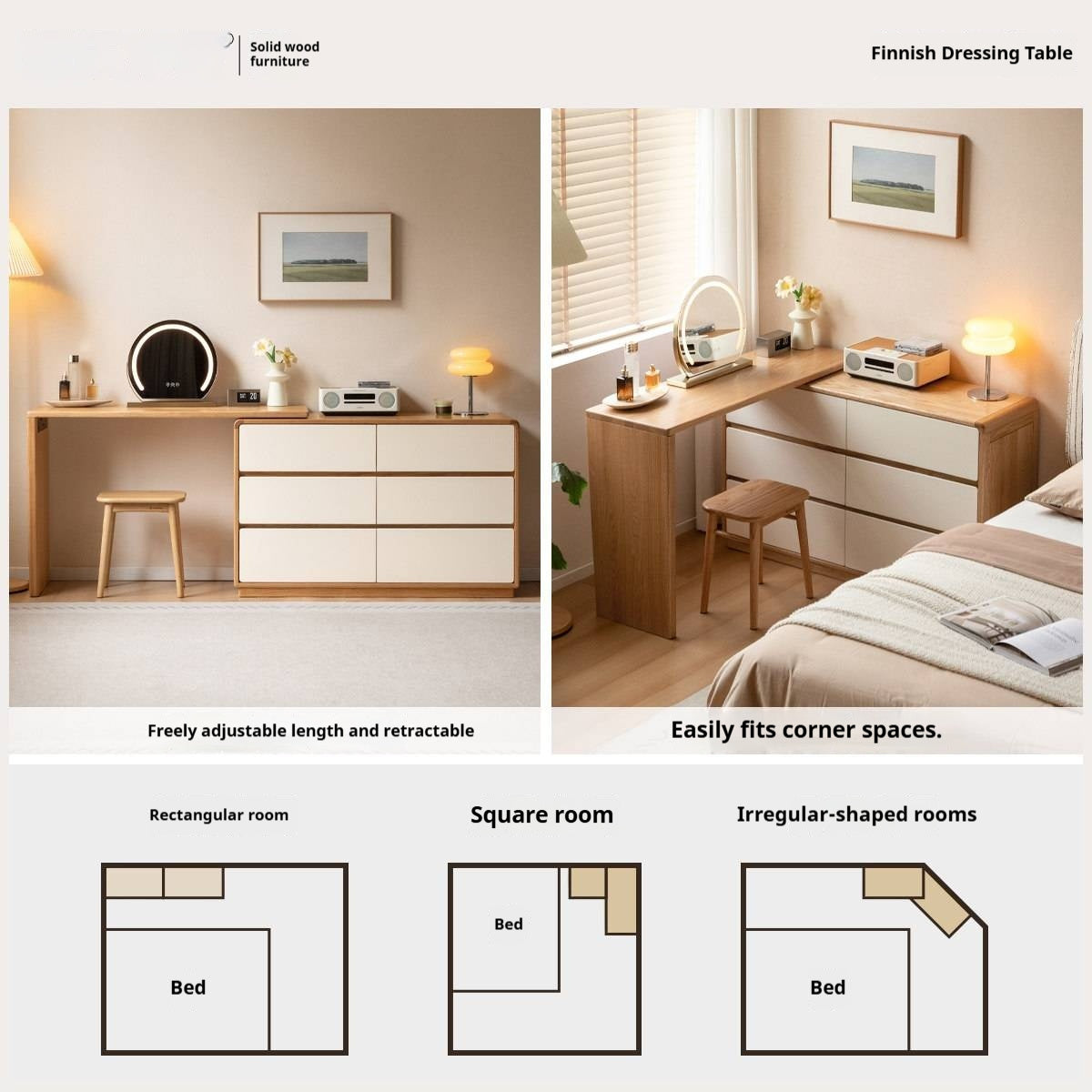 Oak Solid Wood Vanity Table & Storage Cabinet Set Cream Style