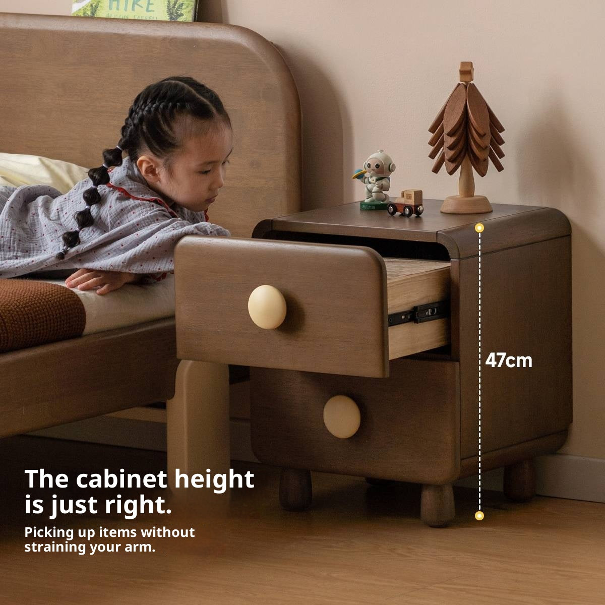 Solid Rubberwood Solid Wood Retro Style Kids Nightstand