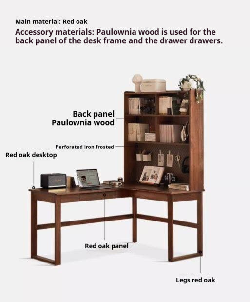 Oak Solid Wood Corner Desk Bookshelf