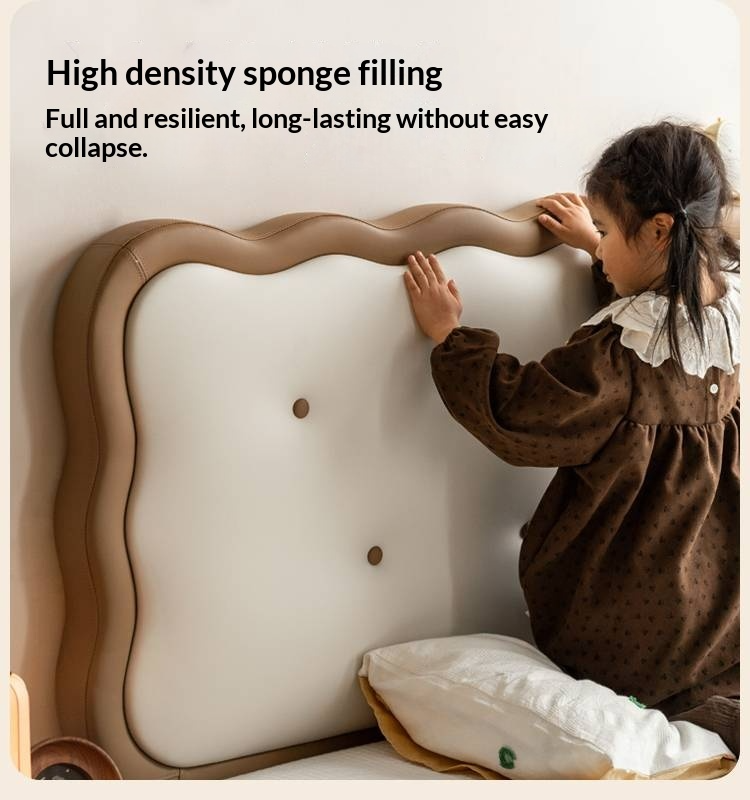 Beech Solid Wood Children's Organic Leather Soft High Headboard Biscuit Bed
