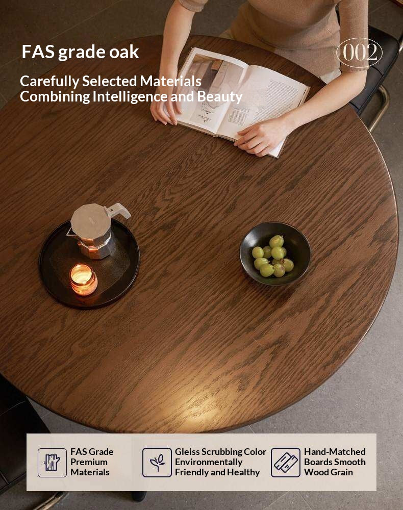 Oak Solid Wood Round Dining Table with Walnut-Stained Base
