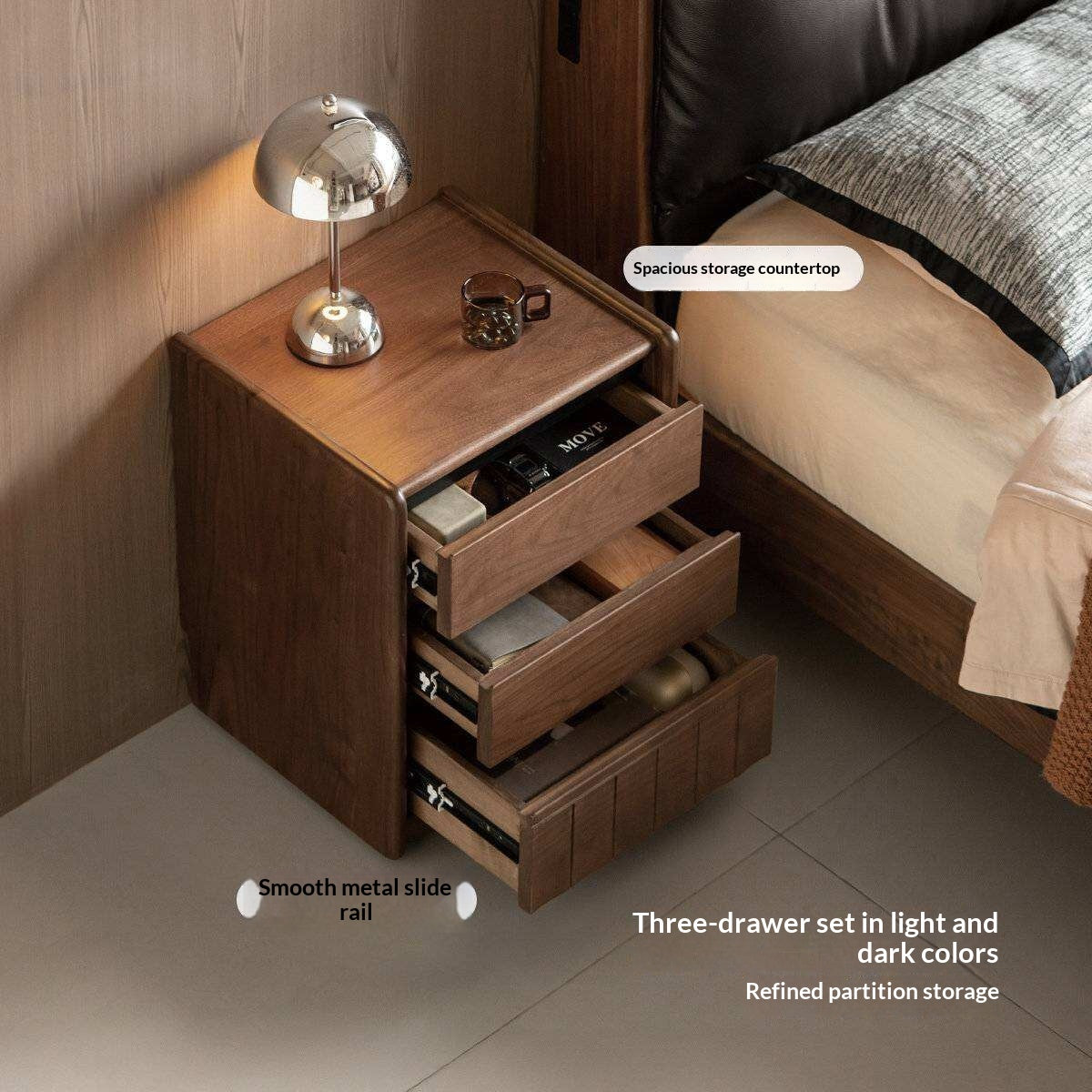 Black Walnut Solid Wood Nightstand Italian Style with Wheels