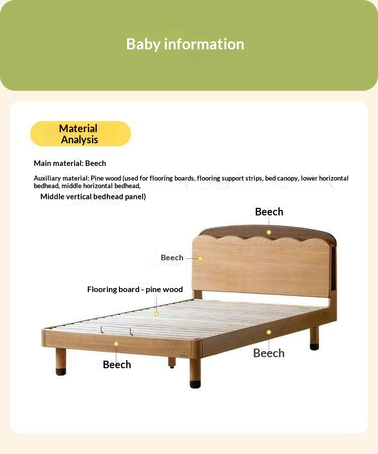 Beech Solid Wood Kids Bed with Scalloped Headboard and Hidden Storage