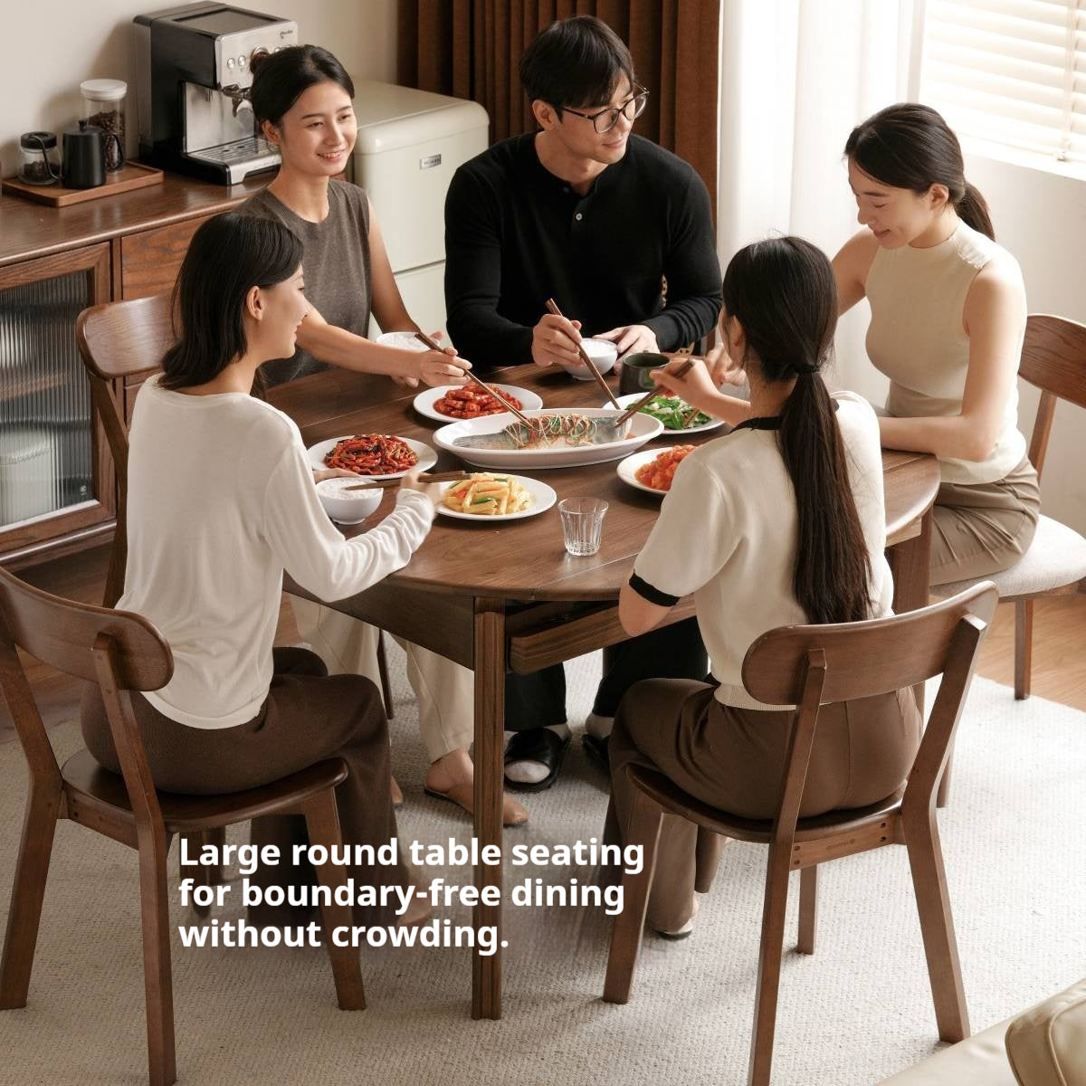 Black Walnut Solid Wood Retractable Round Dining Table