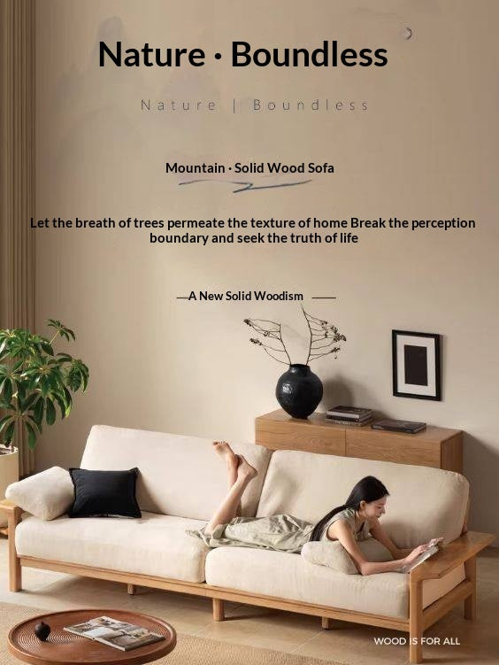 Oak, Ash Solid Wood Wabi Sabi Style Genuine Leather Sofa, fabric sofa