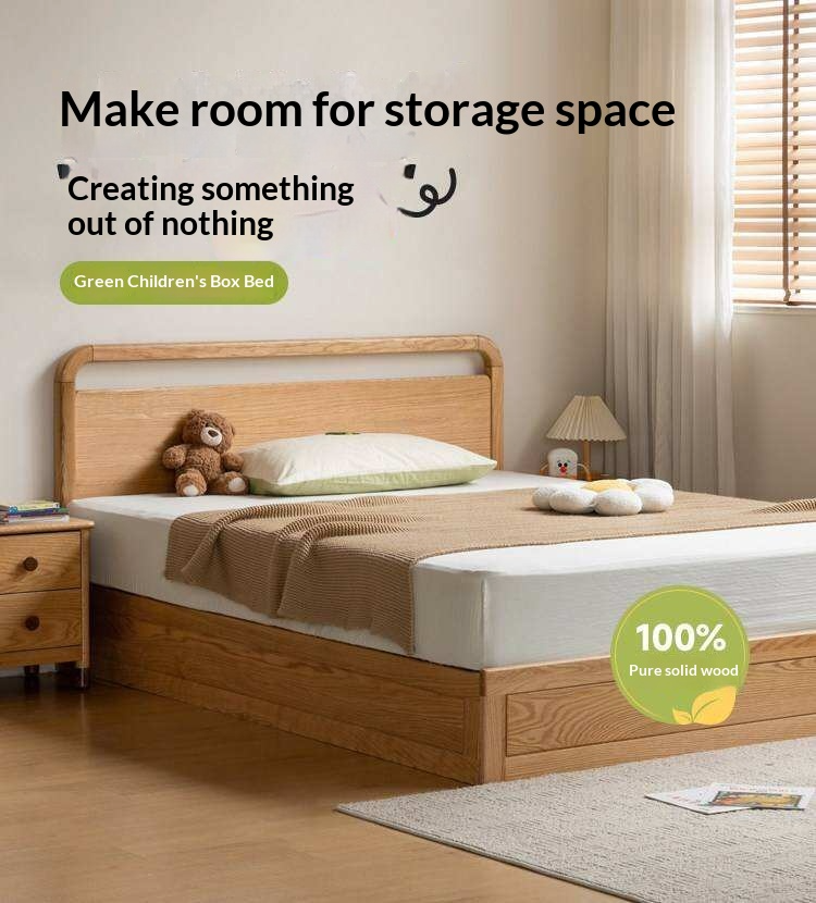 Oak, Rubberwood Solid Wood Storage Bed with Adjustable Height and Gas Lift
