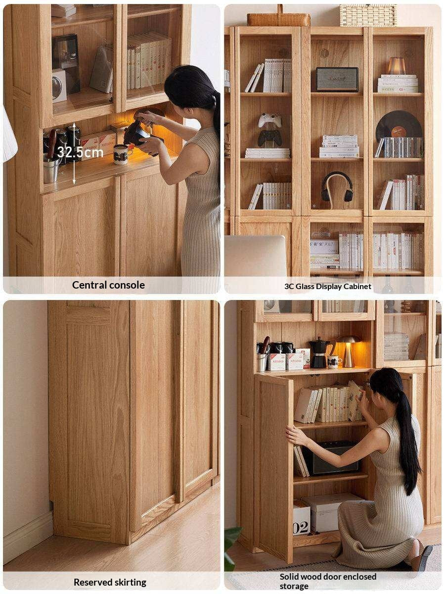 Oak Solid Wood Bookcase with Glass Doors, Large Oak Storage Cabinet for Living Room Display