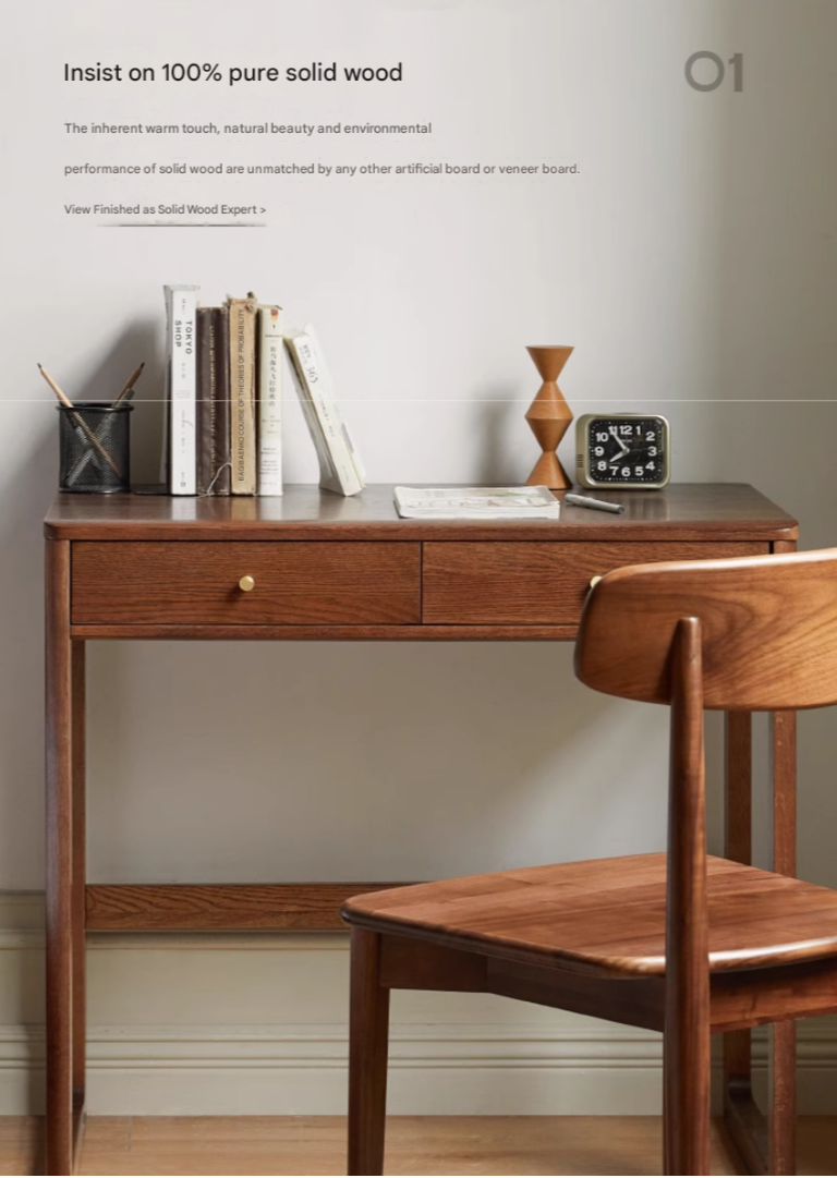 Oak Solid Wood Small Office Desk Walnut Color