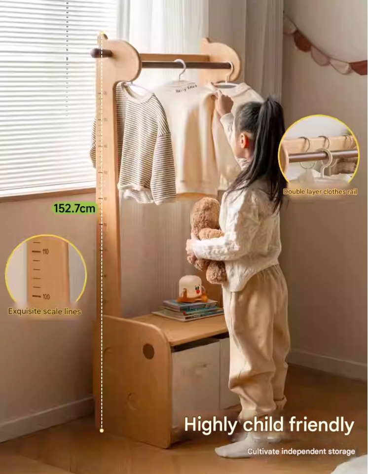 Beech, Solid Rubberwood Children's Coat Rack.