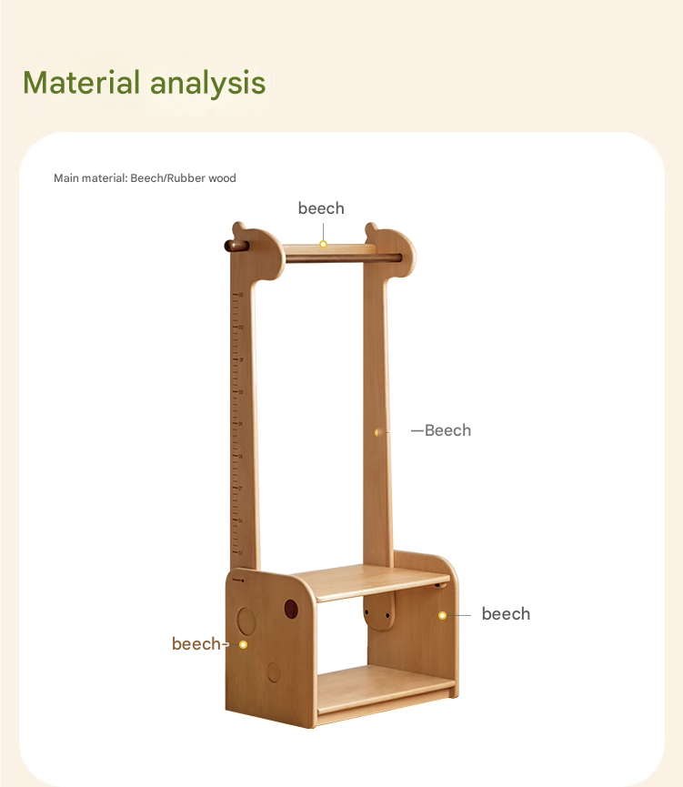 Beech, Solid Rubberwood Children's Coat Rack.