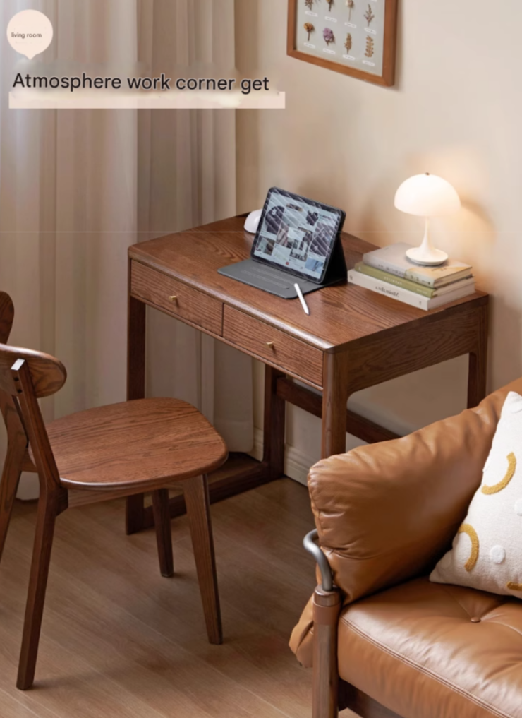 Oak Solid Wood Small Office Desk Walnut Color