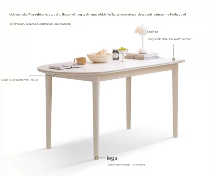 Rubberwood Solid Cream Style Semi-Circular Rock Plate Dining Table