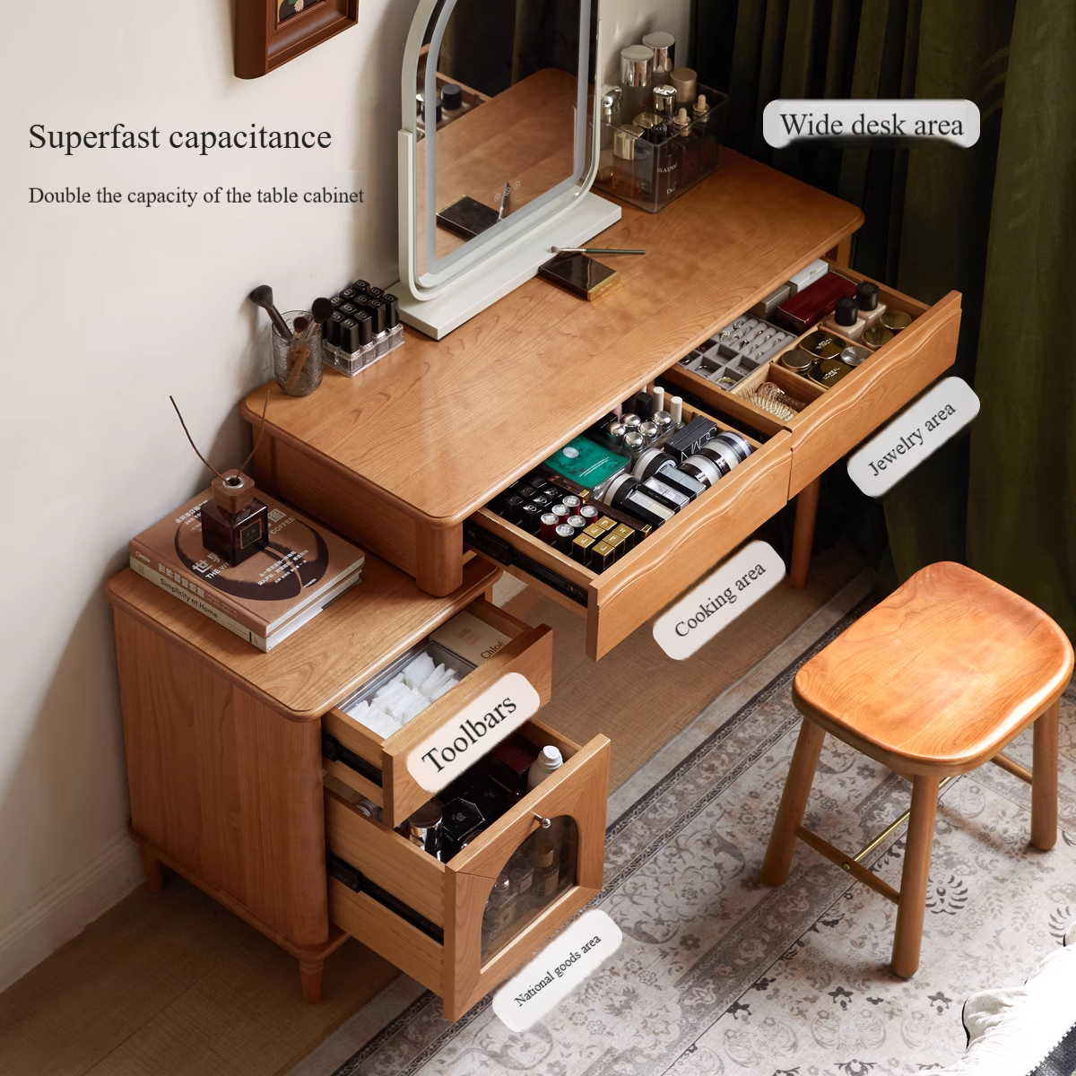 Cherry Solid Wood Medieval Style Retractable Dressing Table.