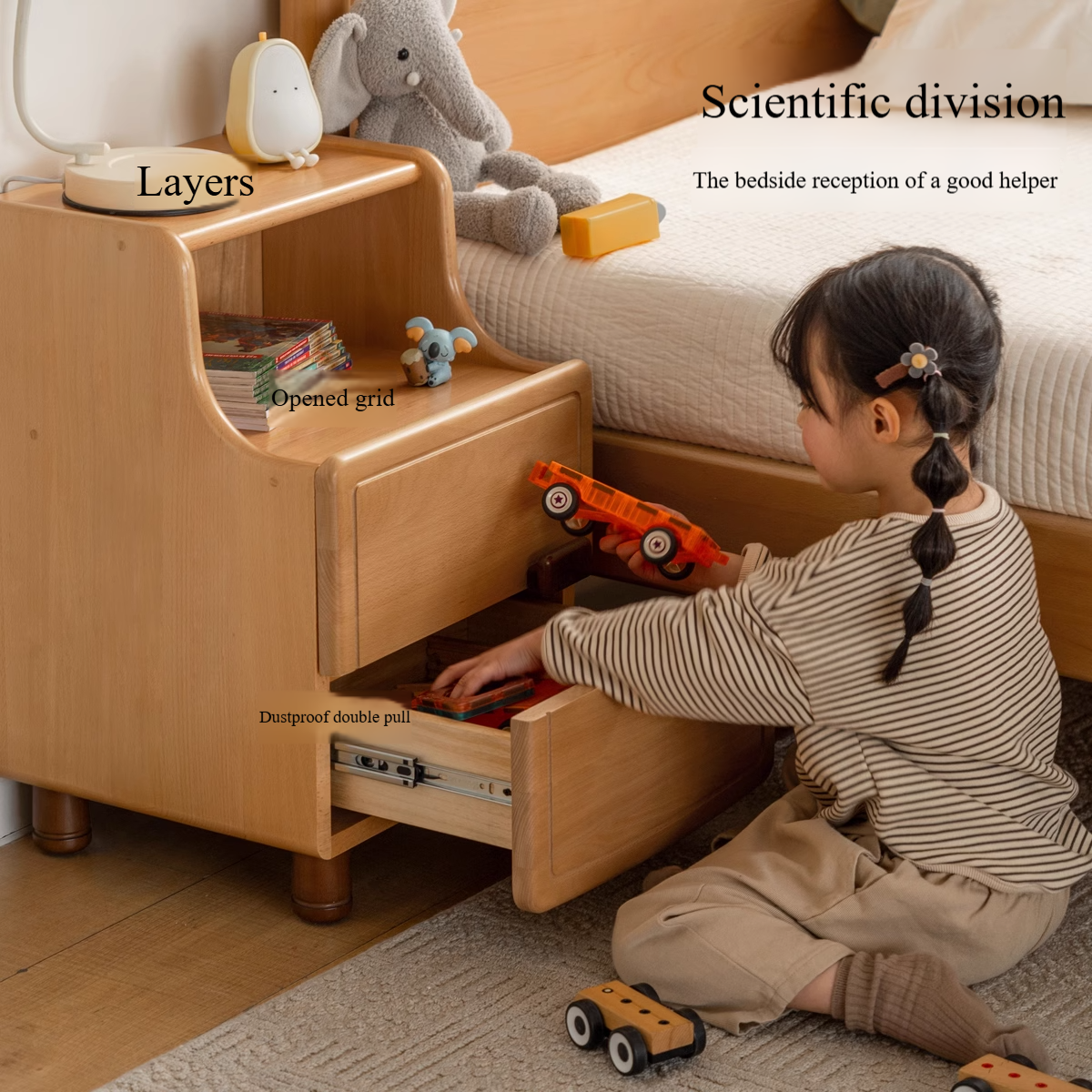 Beech Solid Wood Modern Kids Nightstand.