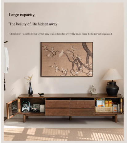 Black Walnut Solid Wood Floor TV Cabinet.