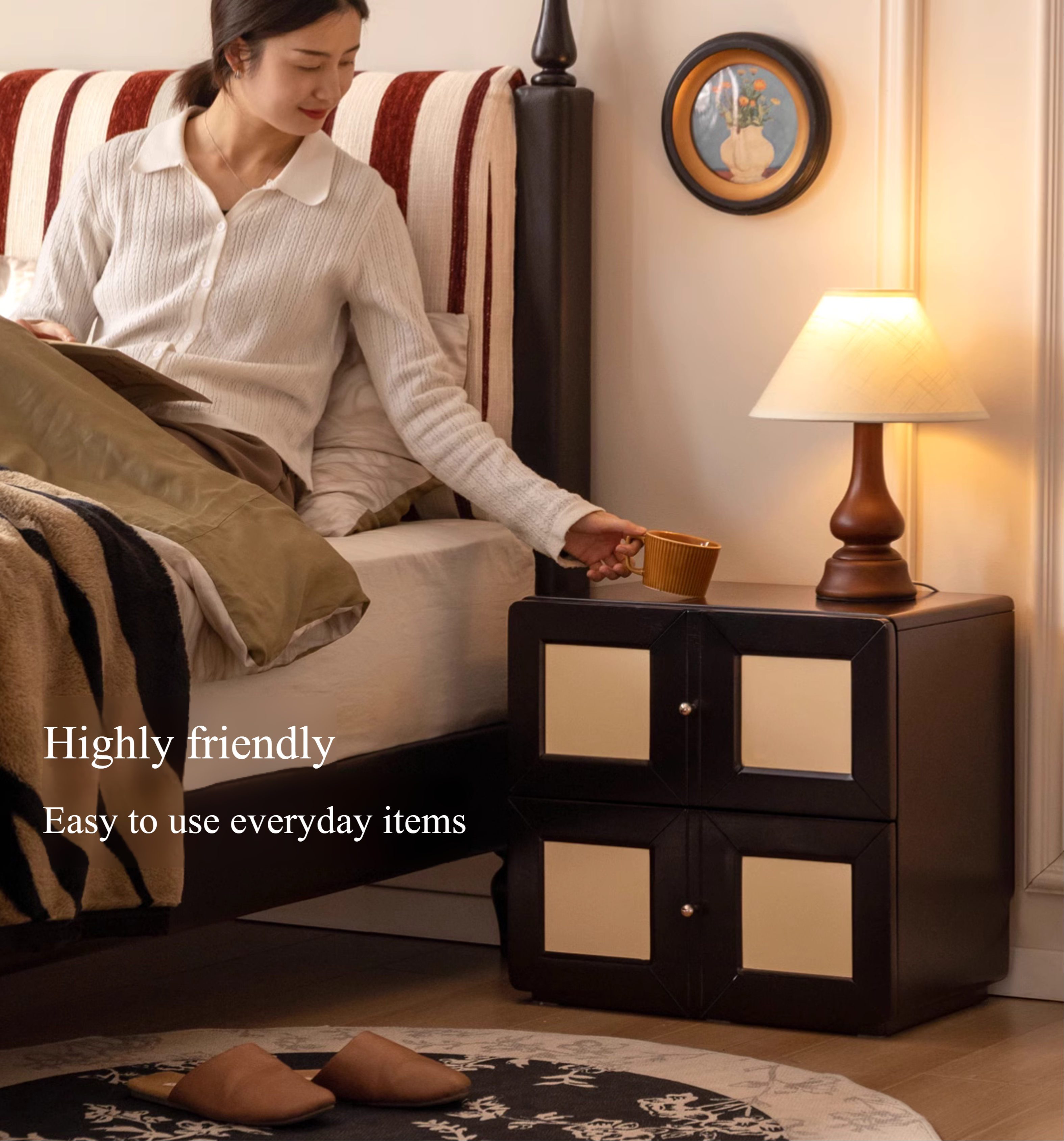 Solid Rubberwood, Tulipwood Solid Wood Middle-Aged Style Nightstand.