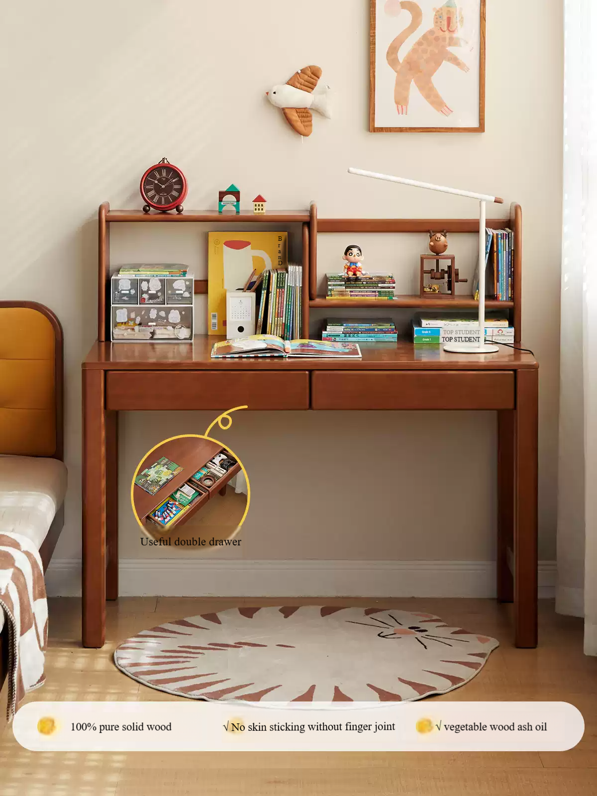 Poplar Solid Wood Children's Study Table Bookshelf Integrated.