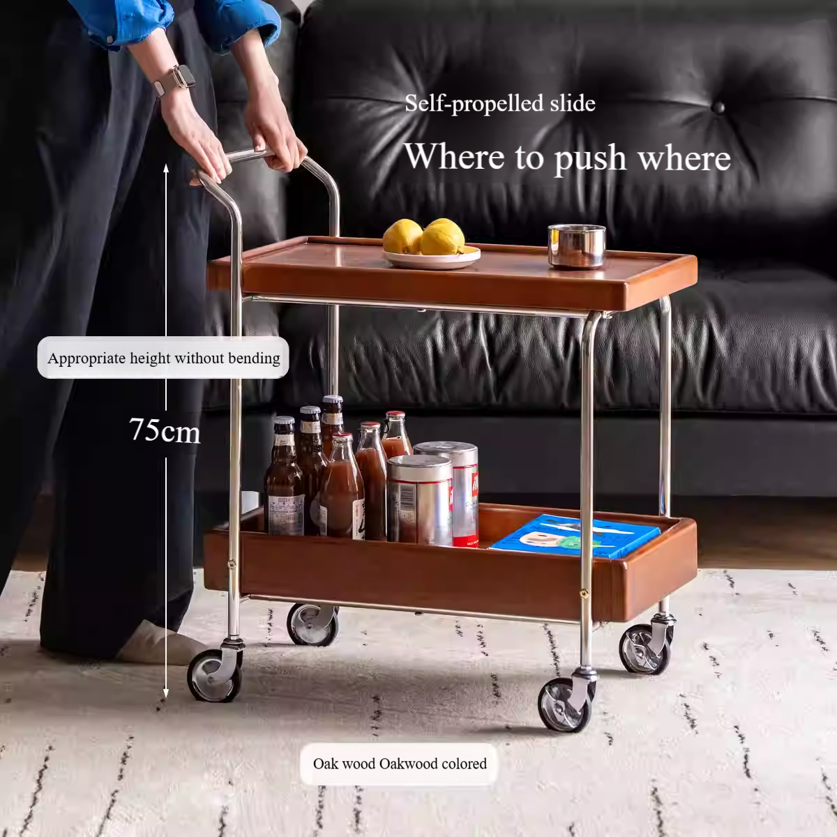 Oak, Poplar Solid Wood Antique Style Double Layer Mobile Side Table