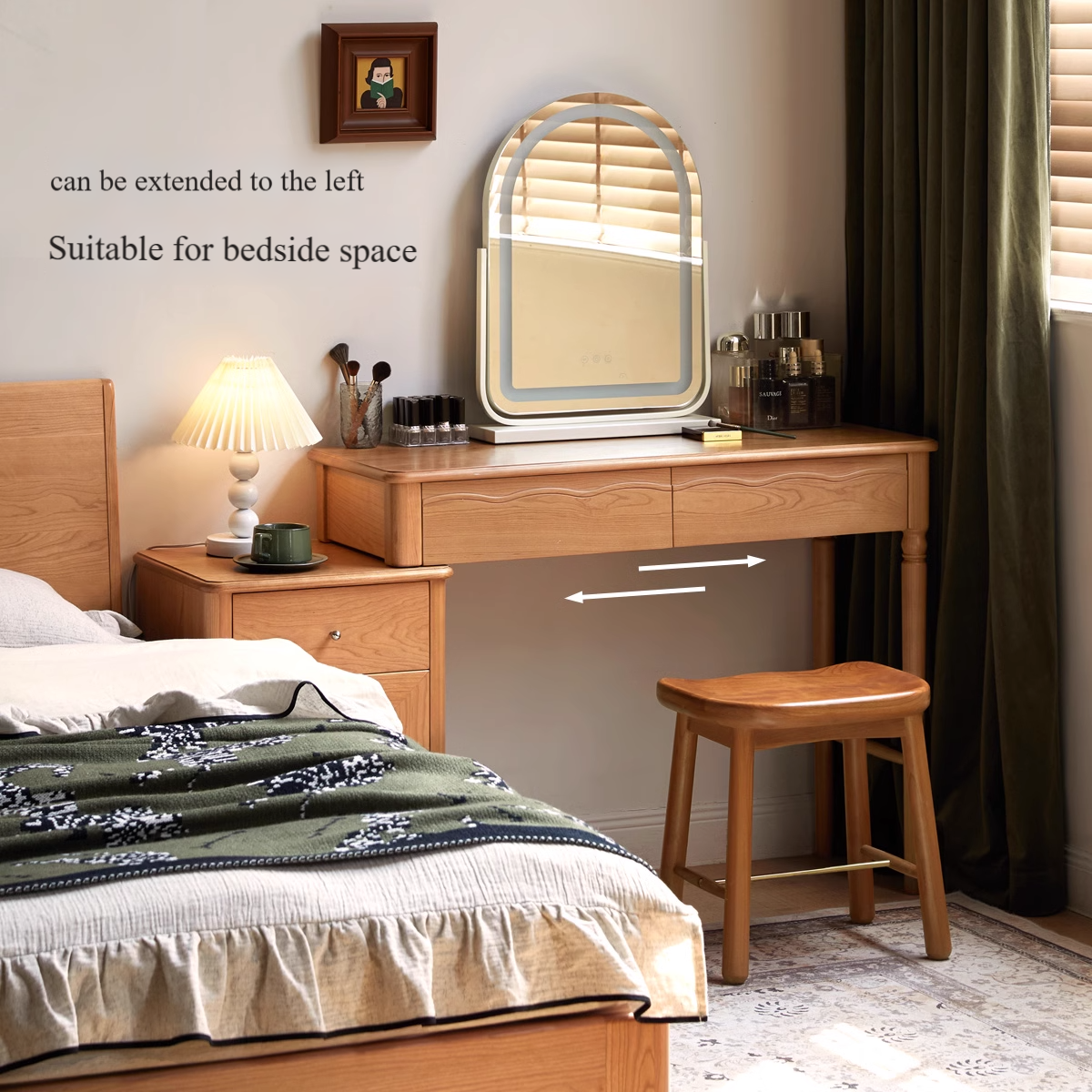 Cherry Solid Wood Medieval Style Retractable Dressing Table.