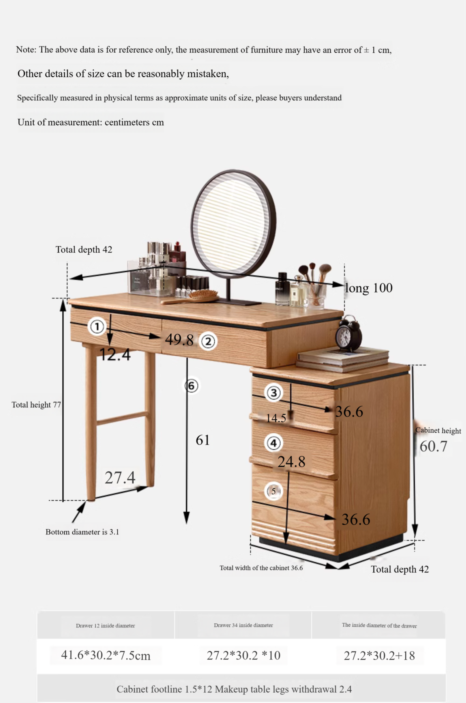 Oak Solid Wood Modern Retractable Vanity Table.