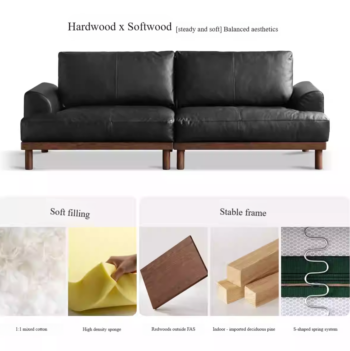 Oak Solid Wood Genuine Leather Sofa