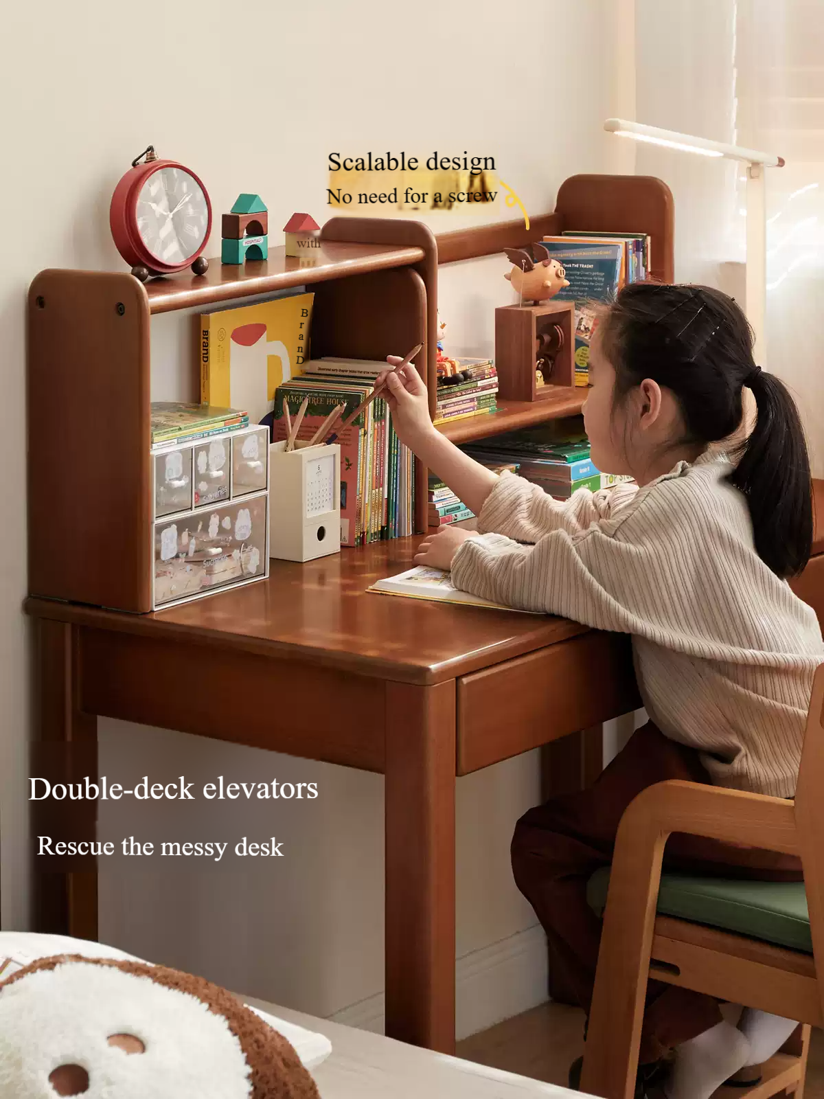 Poplar Solid Wood Children's Study Table Bookshelf Integrated.