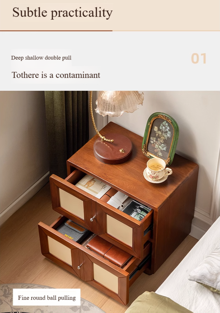Solid Rubberwood, Poplar Solid Wood Middle-Aged Style Nightstand.
