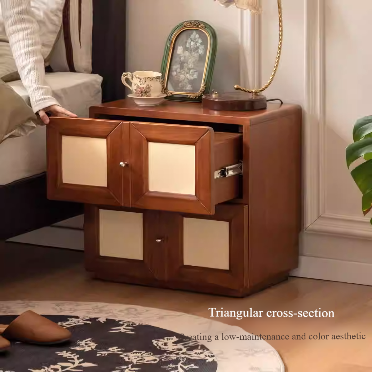 Solid Rubberwood, Poplar Solid Wood Middle-Aged Style Nightstand.