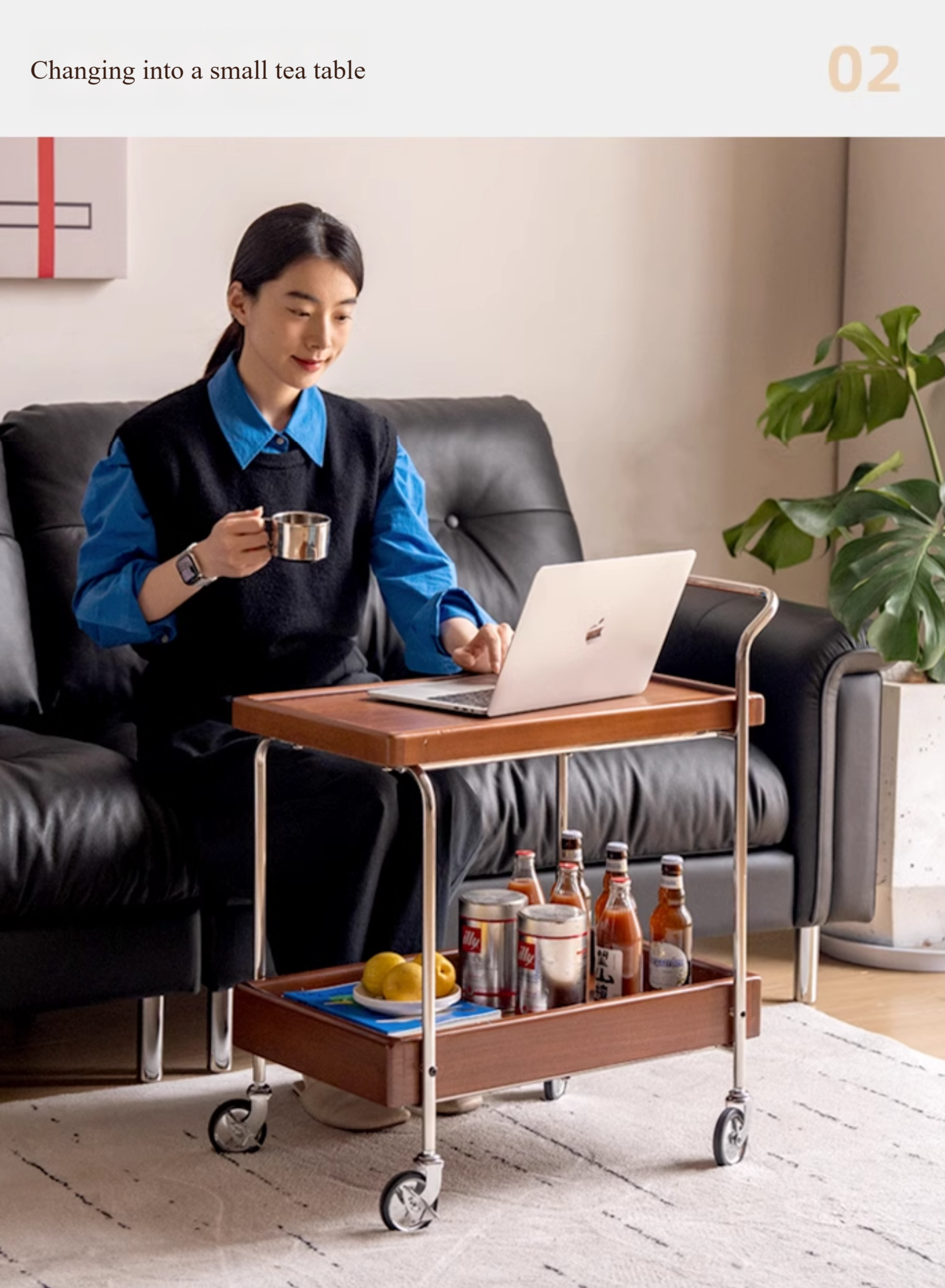 Oak, Poplar Solid Wood Antique Style Double Layer Mobile Side Table