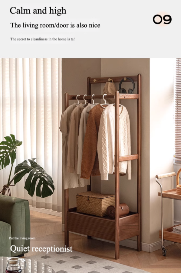 Black Walnut, Oak Solid Wood Floor to Floor Clothes Storage Rack