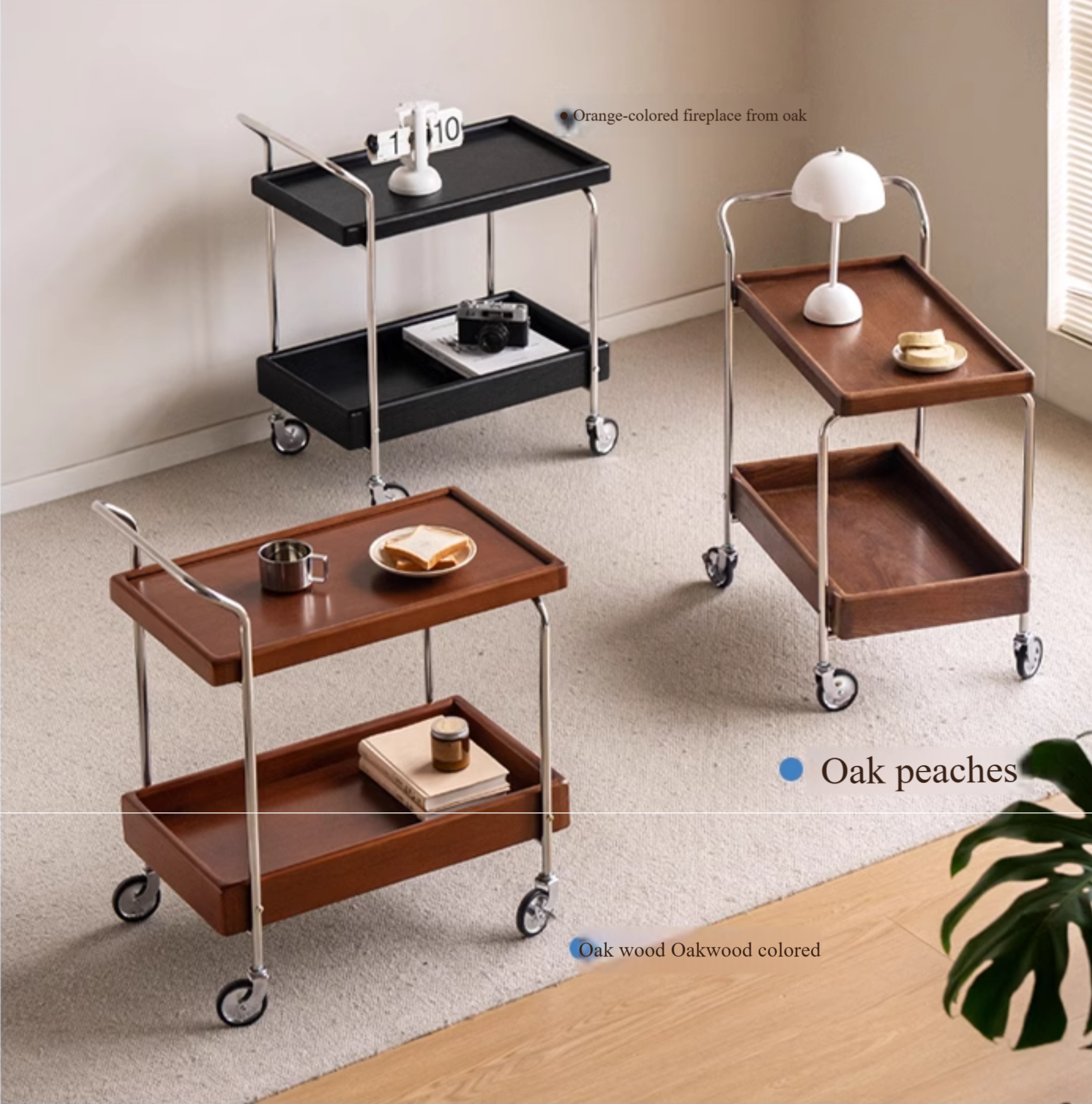 Oak, Poplar Solid Wood Antique Style Double Layer Mobile Side Table