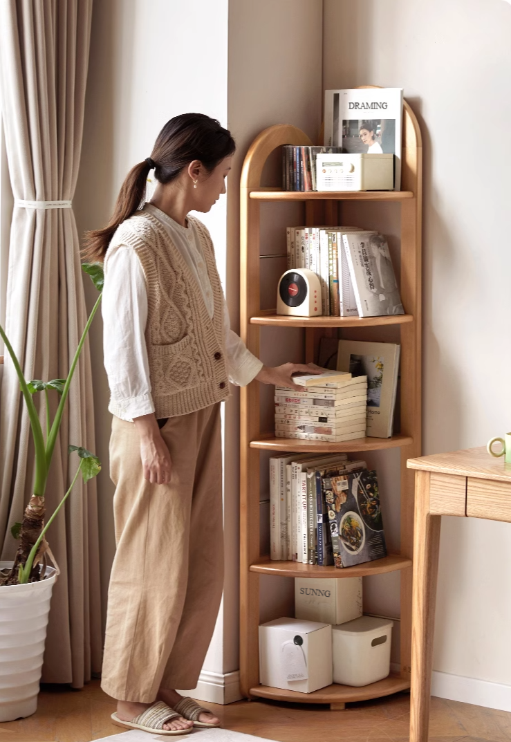 European Beech Solid Wood Corner Bookshelf.