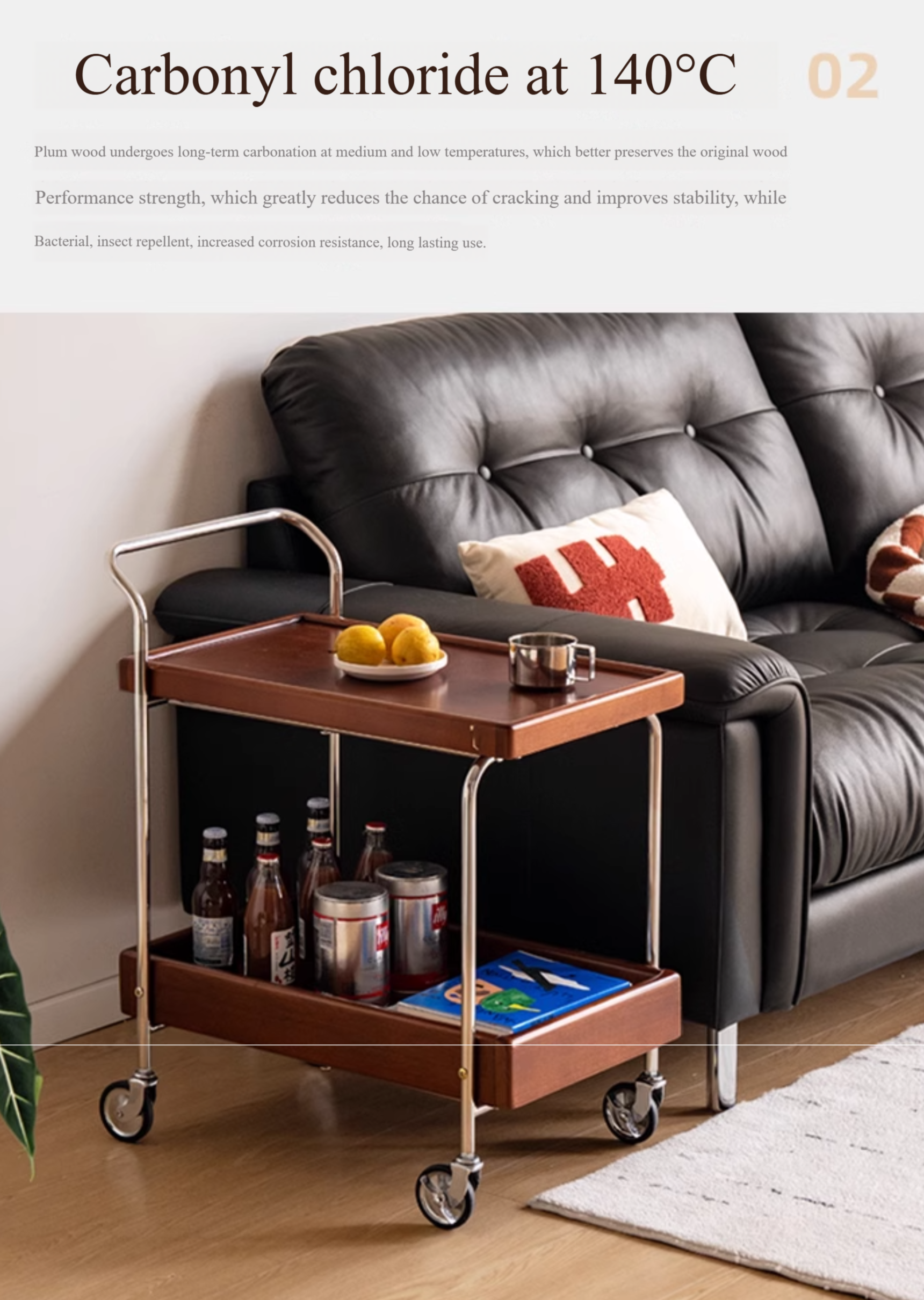 Oak, Poplar Solid Wood Antique Style Double Layer Mobile Side Table