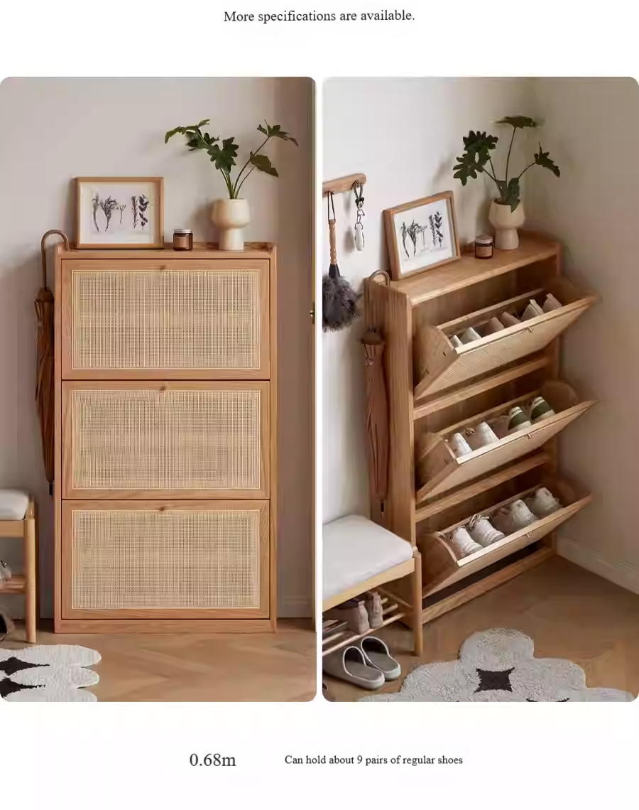 Oak Solid Wood Ultra-Thin Flap Door Rattan Shoe Cabinet