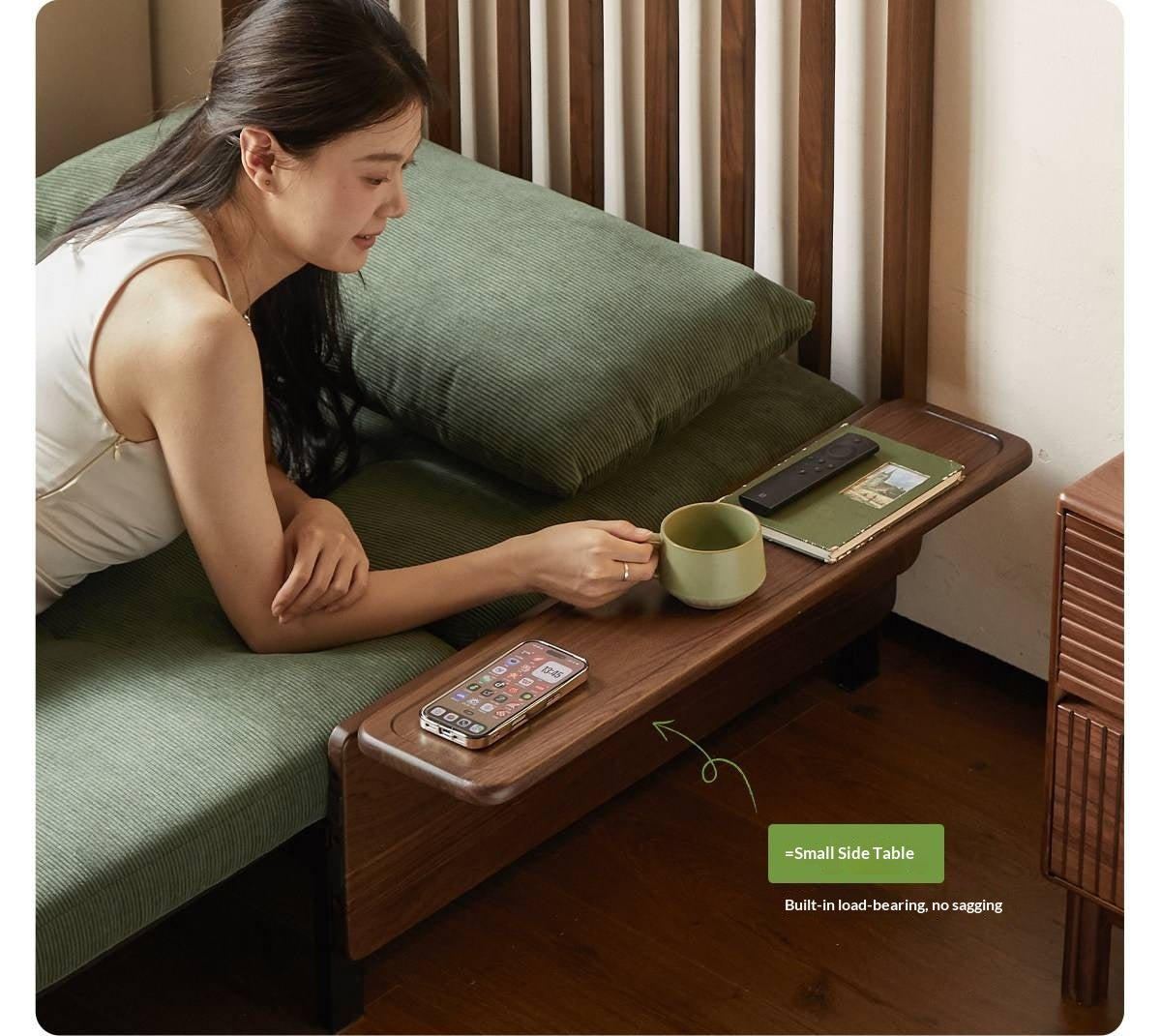 Black Walnut, Oak Solid Wood Sleeper Chair-sofa Bed with Attached Fold-Out Side Tray