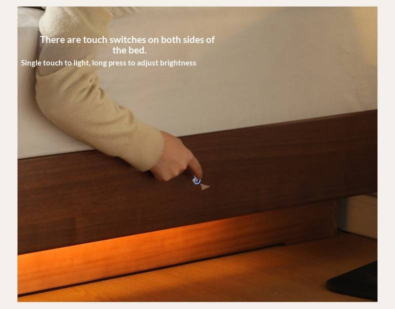 Black Walnut Solid Wood Platform Box Bed, Headboard-Free Bed Night Light Suspended Bed