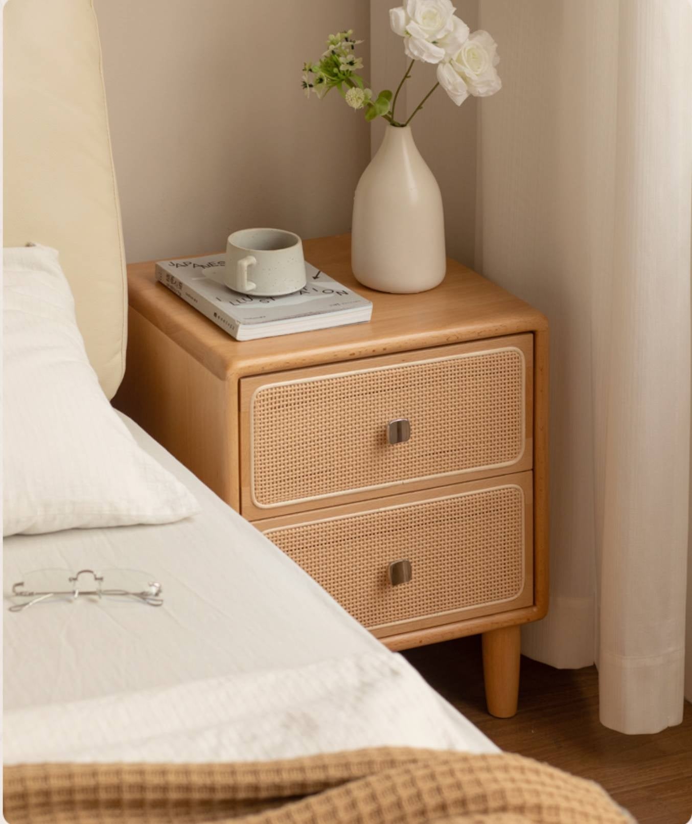 Beech Solid Wood Rattan Log Style Nightstand