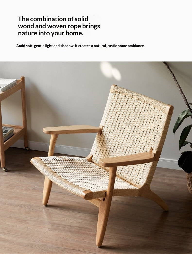 Ash Solid Wood Woven Rope Lounge Chair with Backrest