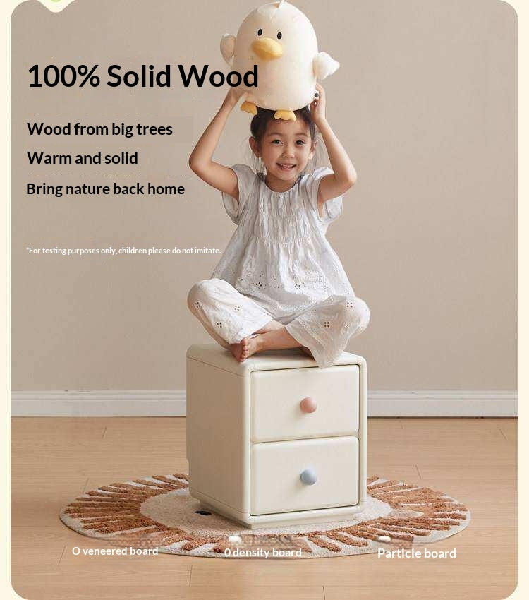 Solid Rubberwood, Beech Solid Wood Cream Style Ultra-narrow Children's Nightstand