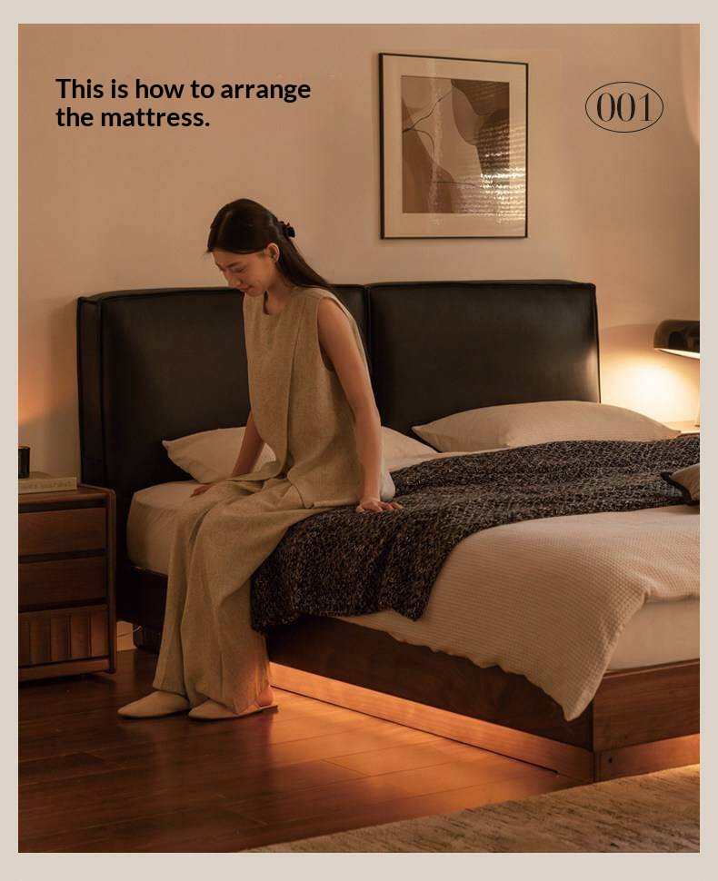 Black Walnut Solid Wood Box Bed — Italian Light Luxury, Genuine Leather Upholstered Headboard