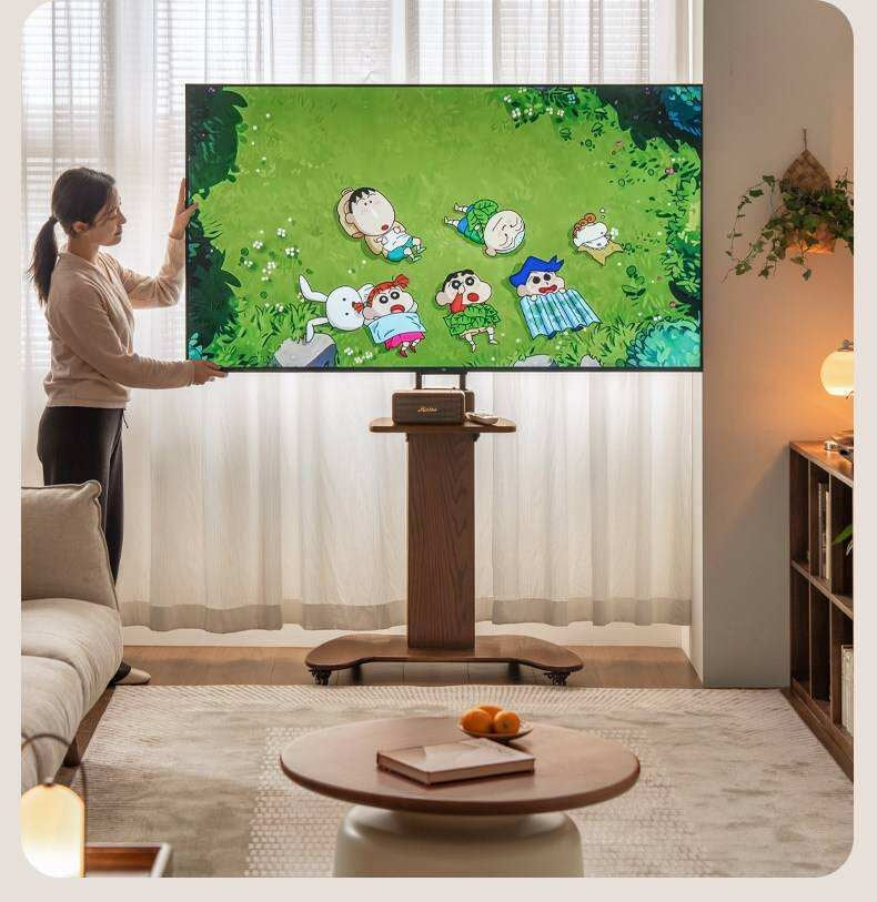 Oak Solid Wood TV Stand with Open Wall Rack and Mobile Cart Base