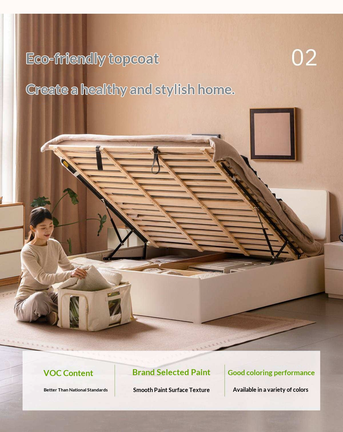 Rubberwood Solid Wood White Cream Gas Lift Storage Bed