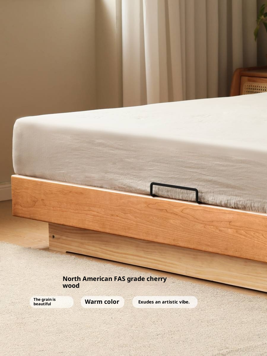 Cherry Solid Wood Floating Platform Box Bed, Headboard-Free Bed